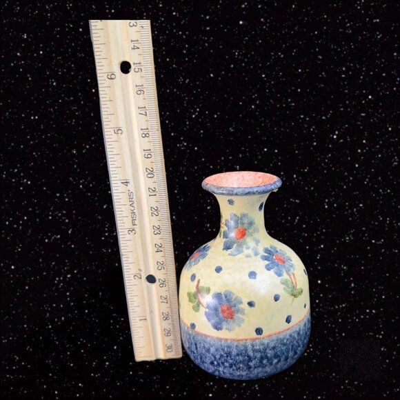 Italian Art Pottery Vase Painted Blue Flowers Colorful Vase Marked Italy 4"T - Picture 7 of 11